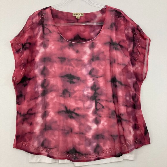 live and let live Tops - Live and Let Live size XL Red Black Tie Dye Beaded Soft Flowy Crew Neck Blouse